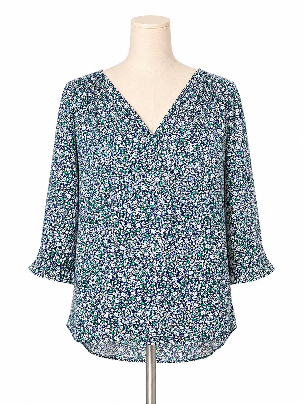 Cynthia‎ Rowley Floral Blue Green V Neck 3/4 Sleeve Lightweight Top Women Size S